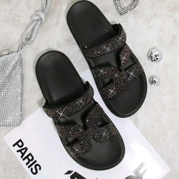 Black Rhinestone Slide Sandals - Picture 5 of 7